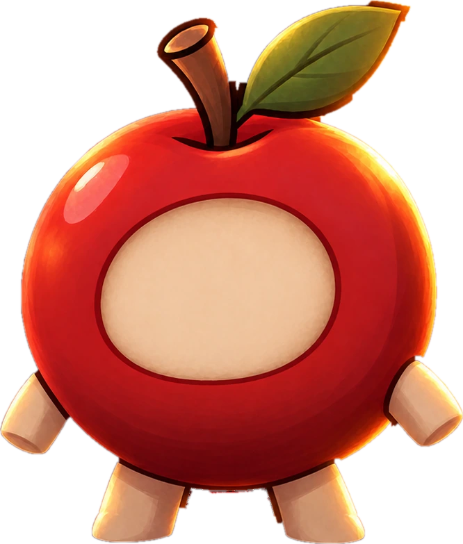 Manzana mascota de Manza's Bot, contenta, parada sobre una roca